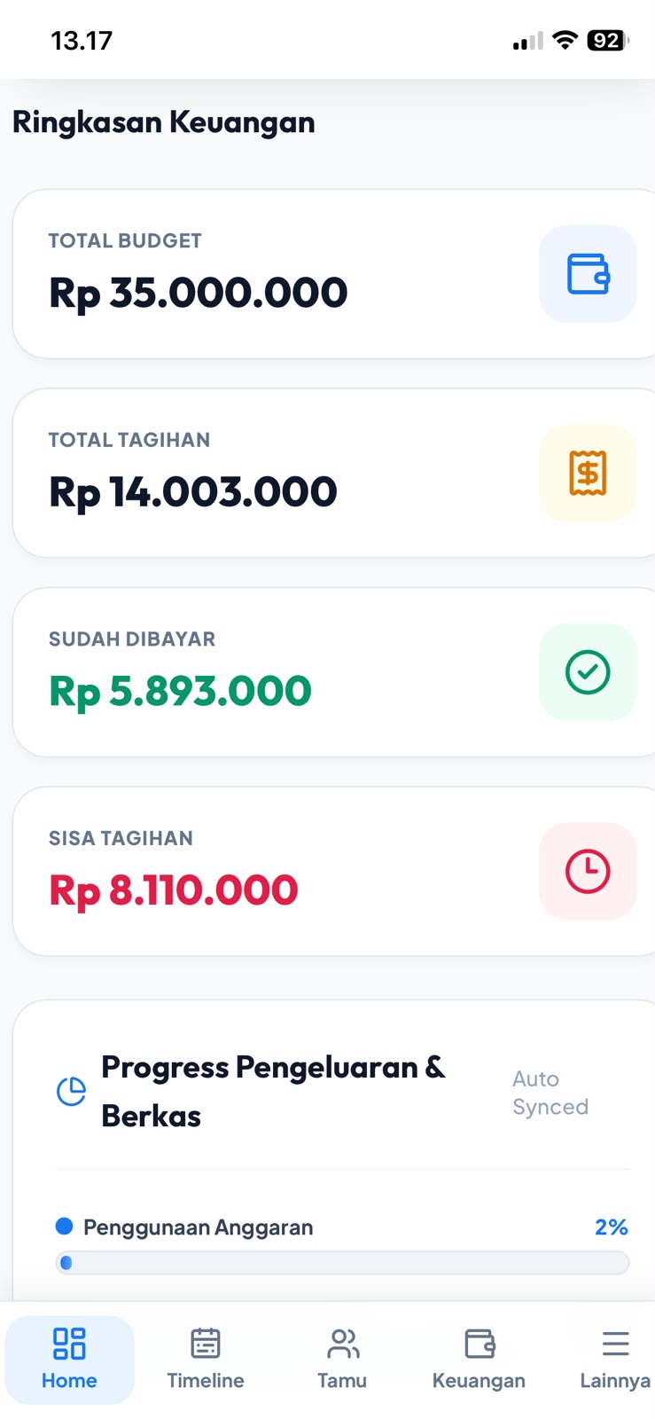 Tampilan asli Wedding Planner: Ringkasan anggaran
