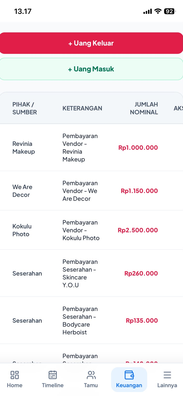 Tampilan asli Wedding Planner: Catatan keuangan