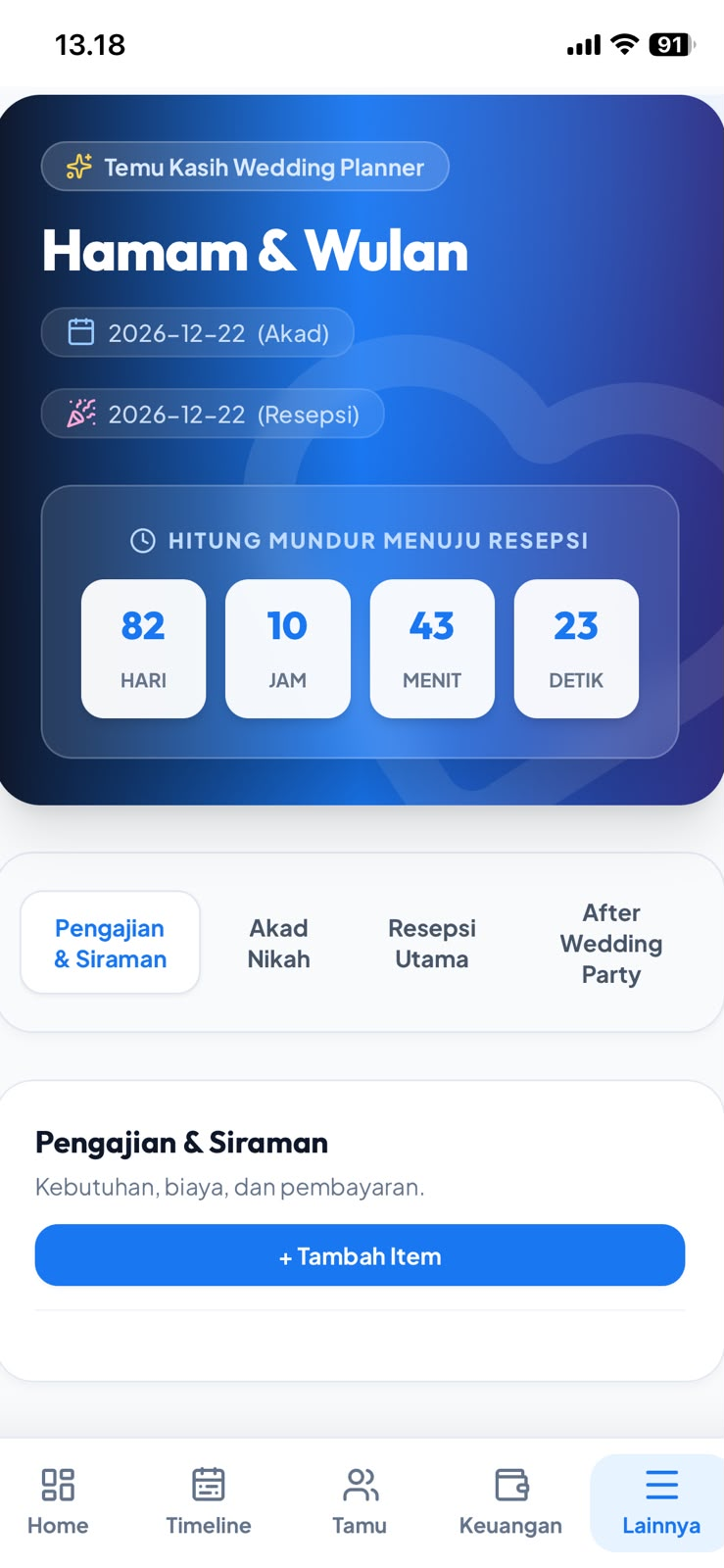 Tampilan asli Wedding Planner: Beranda dan hitung mundur