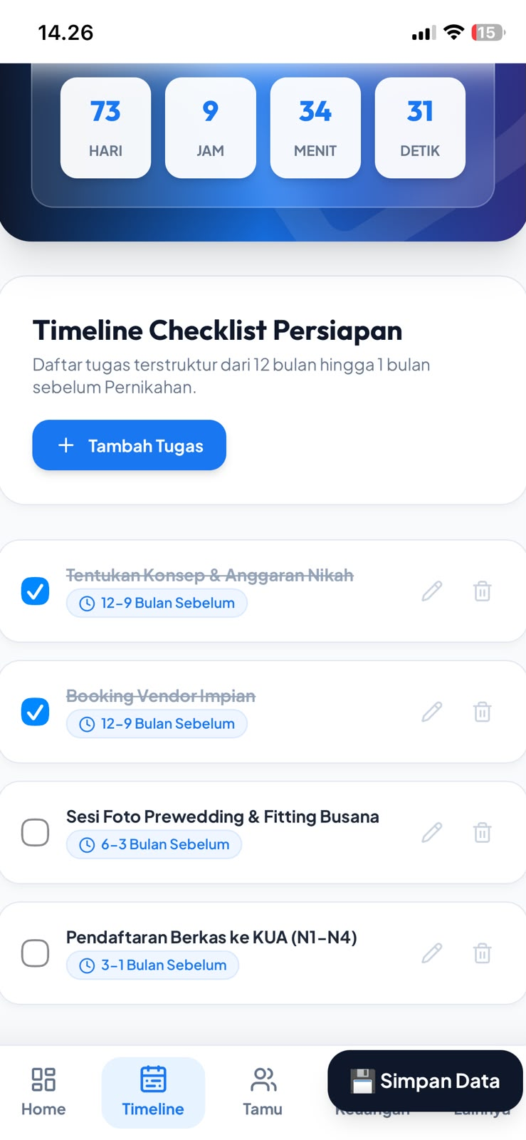 Tampilan asli Wedding Planner: Timeline persiapan