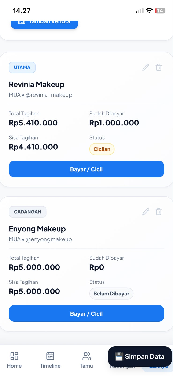 Tampilan asli Wedding Planner: Daftar vendor dan pembayaran